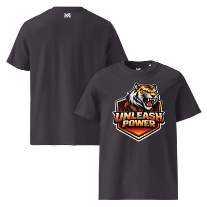 T-shirt Bio UNLEASH POWER gris anthracite visuel coloré face et logo blanc dos sous le col Mindset Ambition