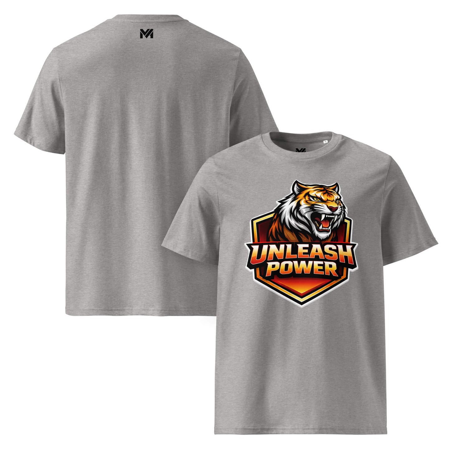 T-shirt Bio UNLEASH POWER gris chiné visuel coloré face et logo noir dos sous le col Mindset Ambition