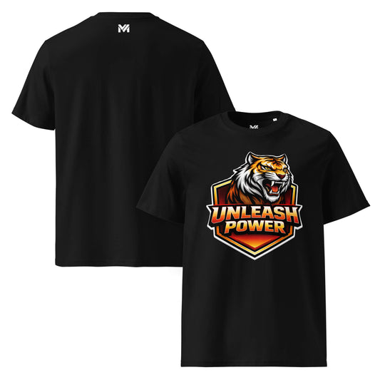T-shirt Bio UNLEASH POWER noir visuel coloré face et logo blanc dos sous le col Mindset Ambition