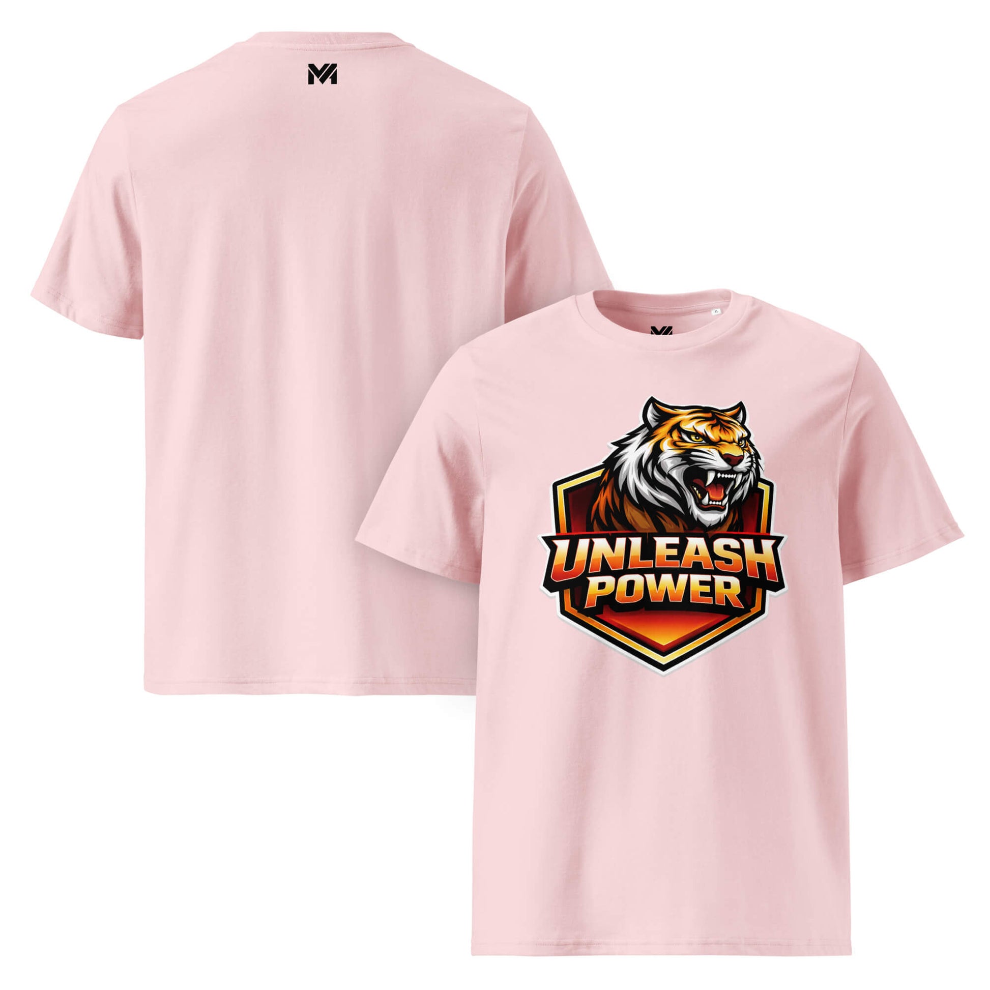 T-shirt Bio UNLEASH POWER rose visuel coloré face et logo noir dos sous le col Mindset Ambition