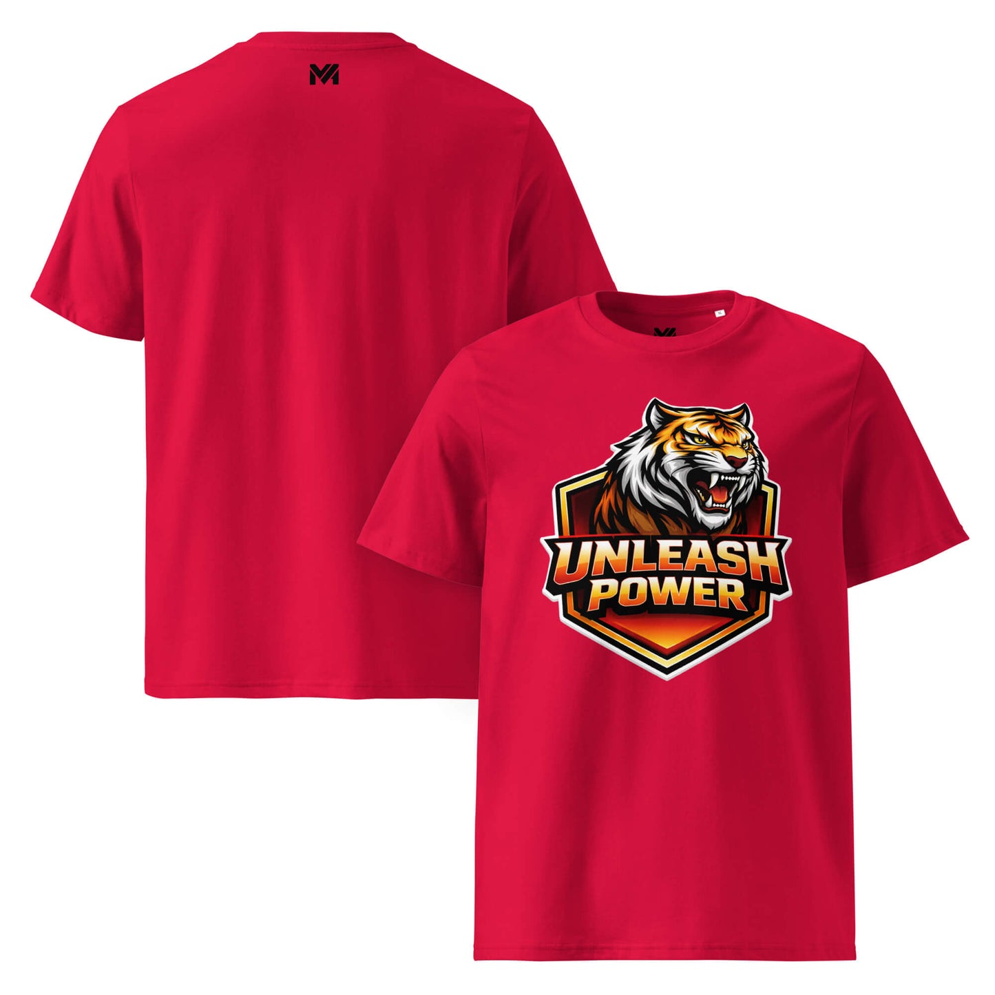 T-shirt Bio UNLEASH POWER rouge visuel coloré face et logo noir dos sous le col Mindset Ambition