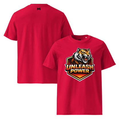 T-shirt Bio UNLEASH POWER rouge visuel coloré face et logo noir dos sous le col Mindset Ambition