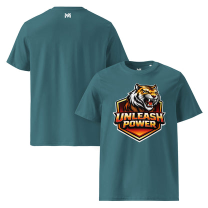 T-shirt Bio UNLEASH POWER vert visuel coloré face et logo blanc dos sous le col Mindset Ambition