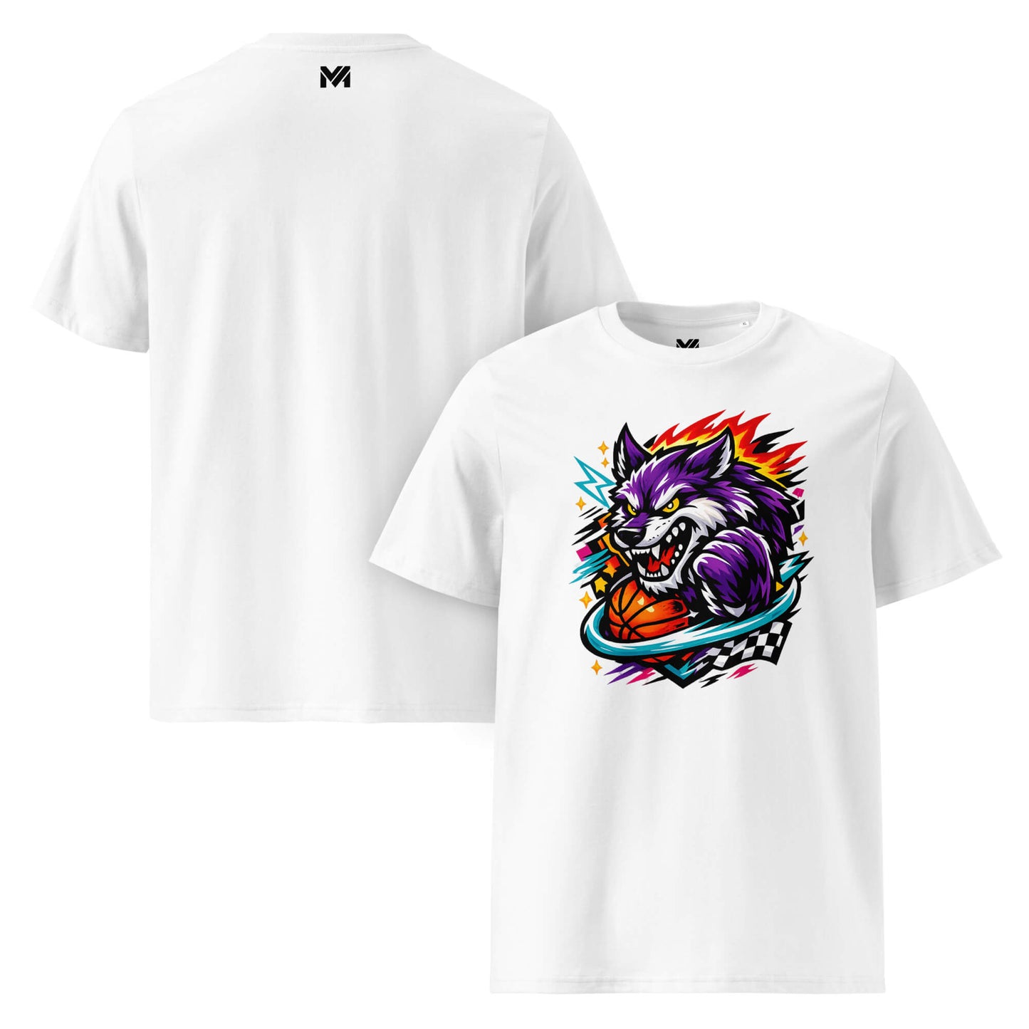 T-shirt Bio WILD WOLF blanc visuel coloré face et logo noir dos sous le col Mindset Ambition