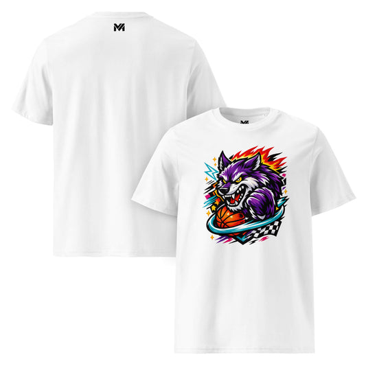 T-shirt Bio WILD WOLF blanc visuel coloré face et logo noir dos sous le col Mindset Ambition