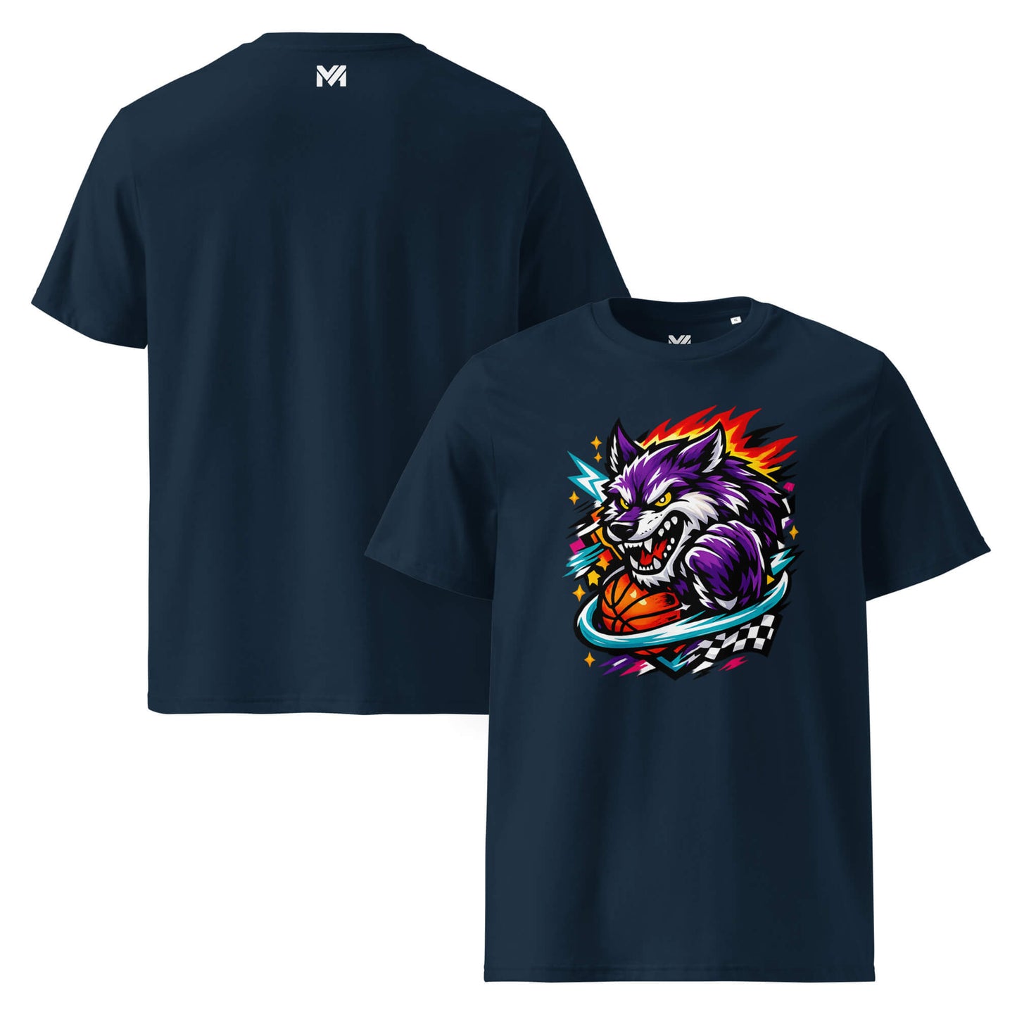T-shirt Bio WILD WOLF bleu marine visuel coloré face et logo blanc dos sous le col Mindset Ambition