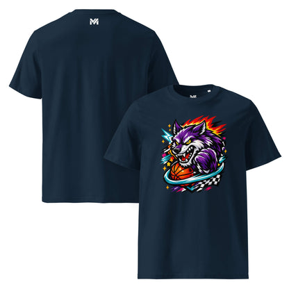 T-shirt Bio WILD WOLF bleu marine visuel coloré face et logo blanc dos sous le col Mindset Ambition