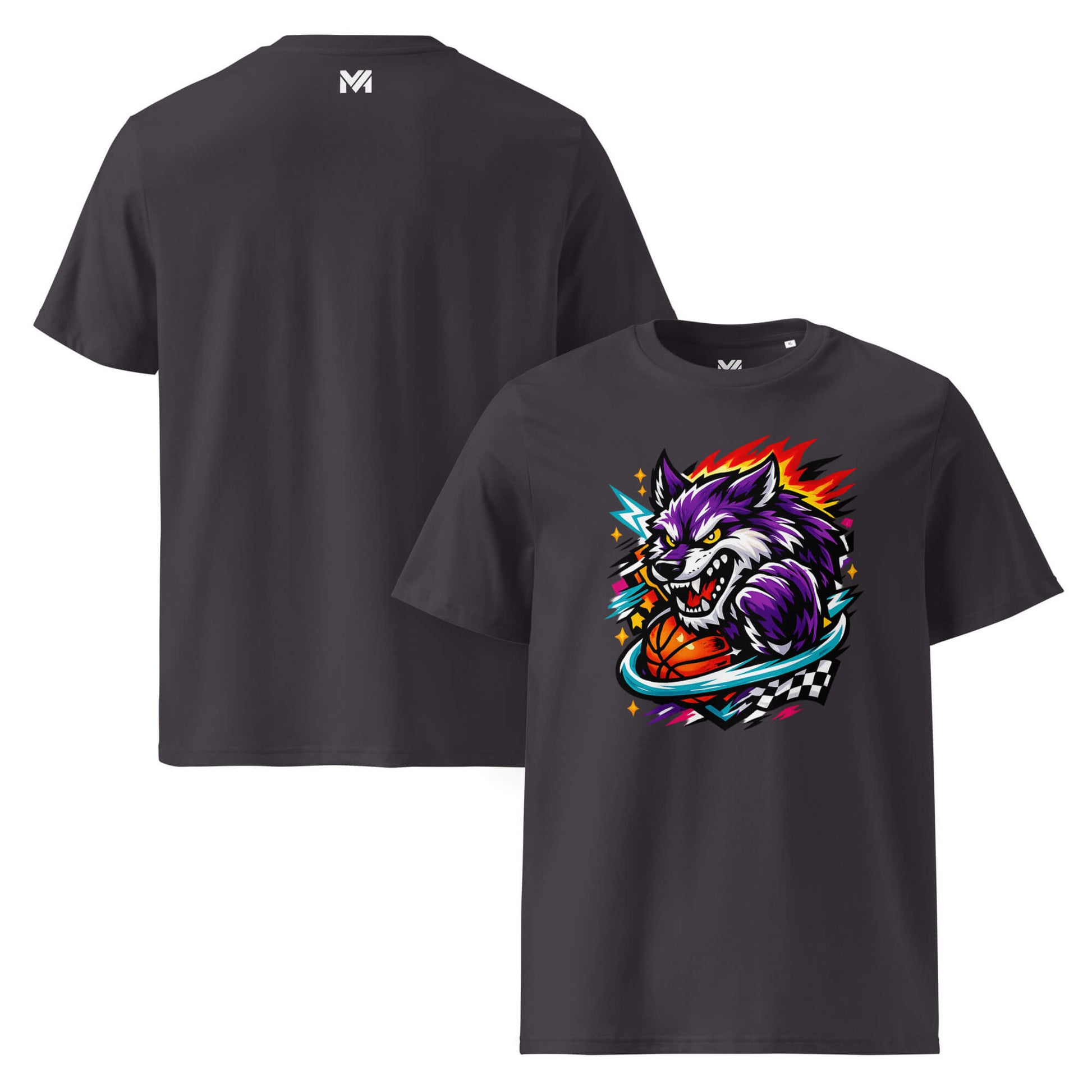 T-shirt Bio WILD WOLF gris anthracite visuel coloré face et logo blanc dos sous le col Mindset Ambition