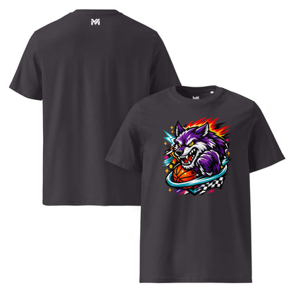 T-shirt Bio WILD WOLF gris anthracite visuel coloré face et logo blanc dos sous le col Mindset Ambition