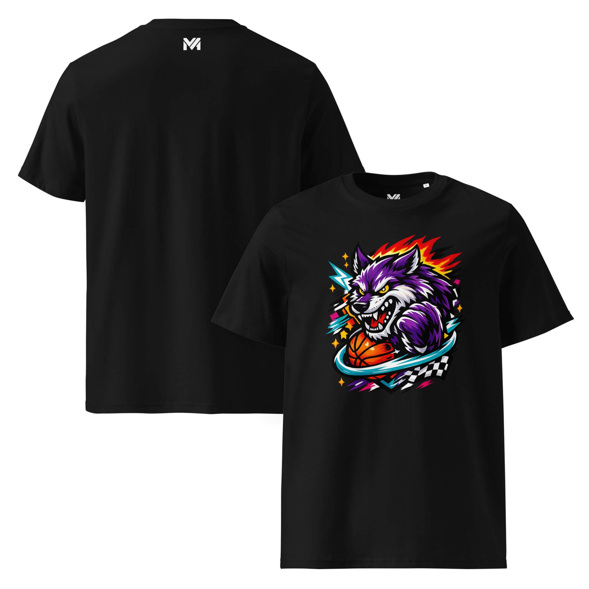 T-shirt Bio WILD WOLF noir visuel coloré face et logo blanc dos sous le col Mindset Ambition