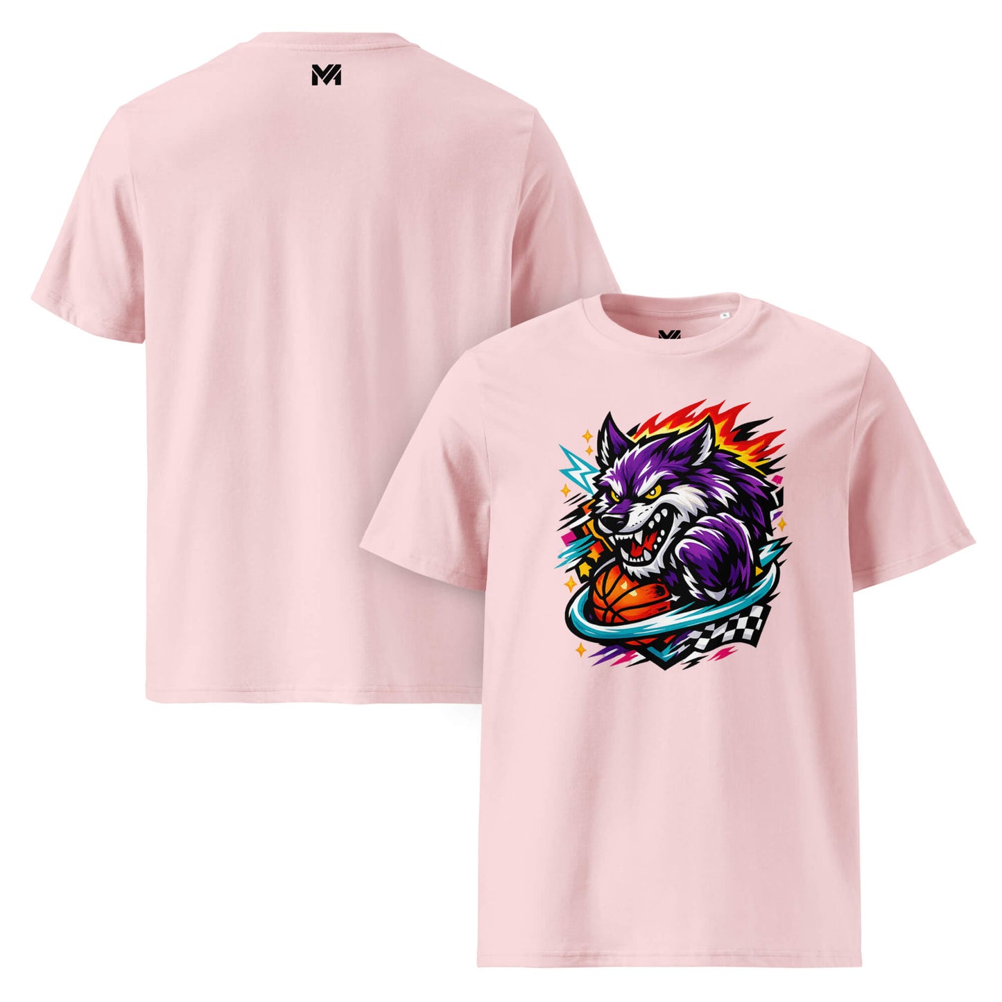 T-shirt Bio WILD WOLF rose visuel coloré face et logo noir dos sous le col Mindset Ambition