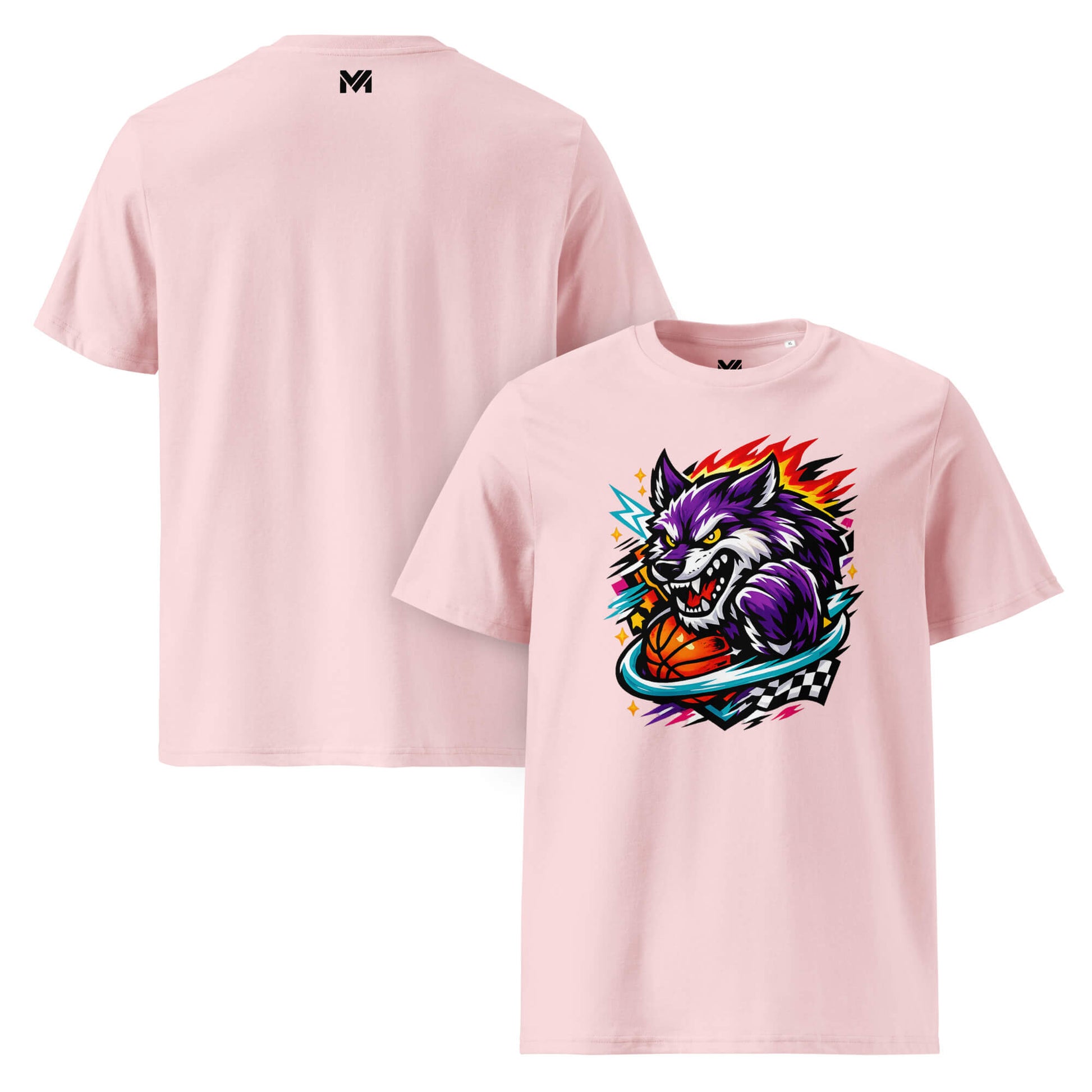 T-shirt Bio WILD WOLF rose visuel coloré face et logo noir dos sous le col Mindset Ambition