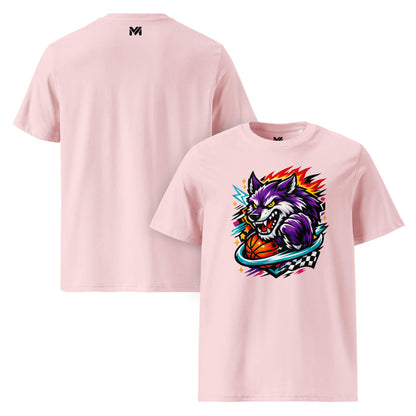 T-shirt Bio WILD WOLF rose visuel coloré face et logo noir dos sous le col Mindset Ambition