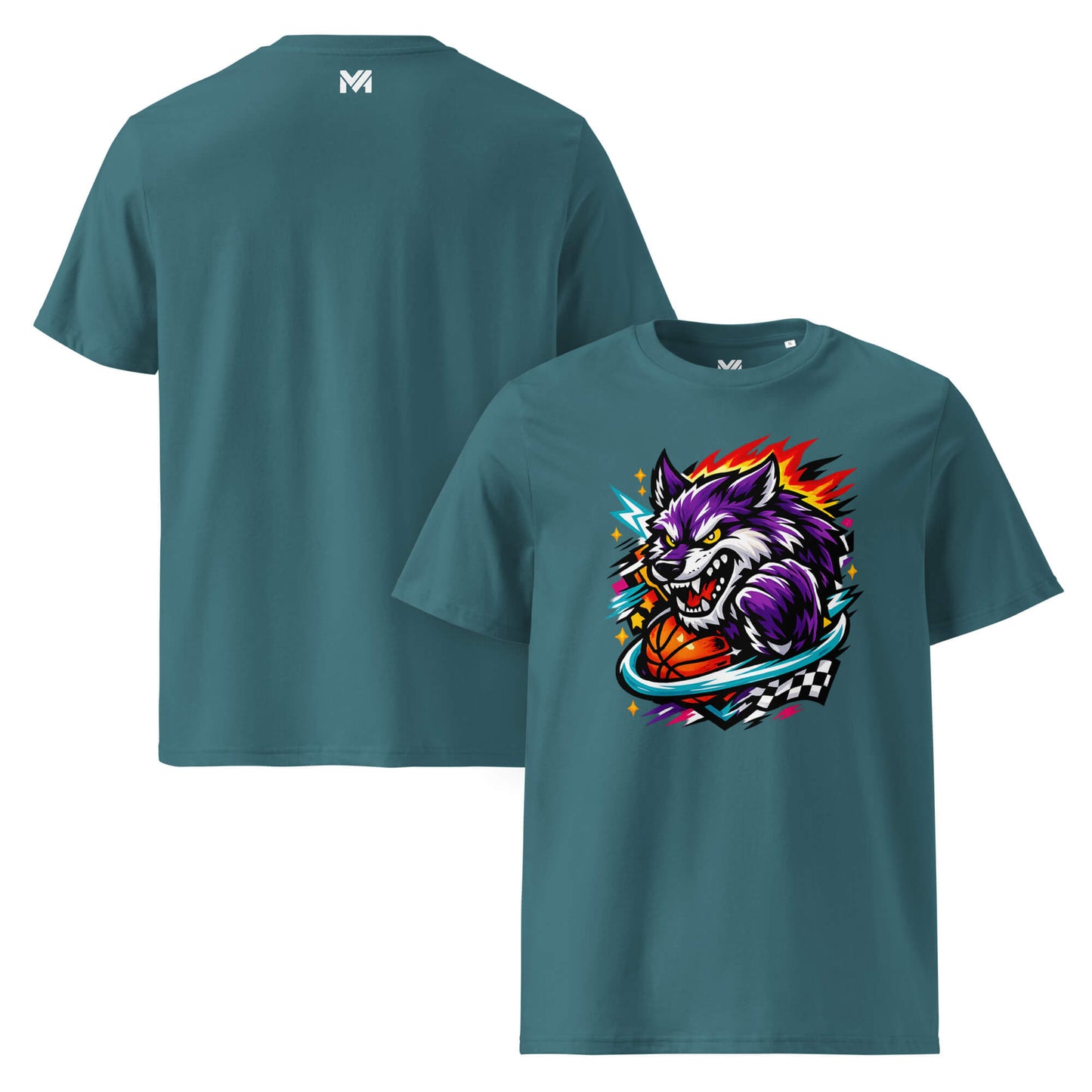 T-shirt Bio WILD WOLF vert visuel coloré face et logo blanc dos sous le col Mindset Ambition