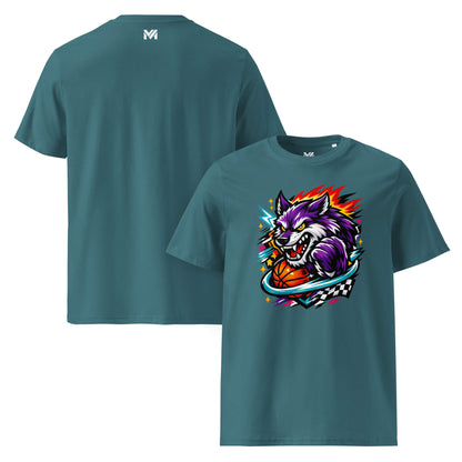 T-shirt Bio WILD WOLF vert visuel coloré face et logo blanc dos sous le col Mindset Ambition