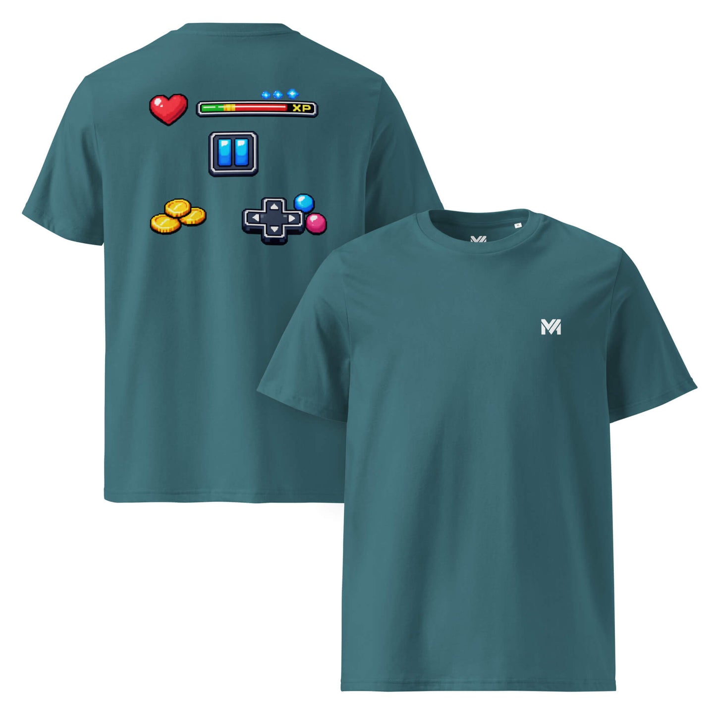 T-shirt Bio XP MODE vert logo blanc face et visuel coloré dos Mindset Ambition