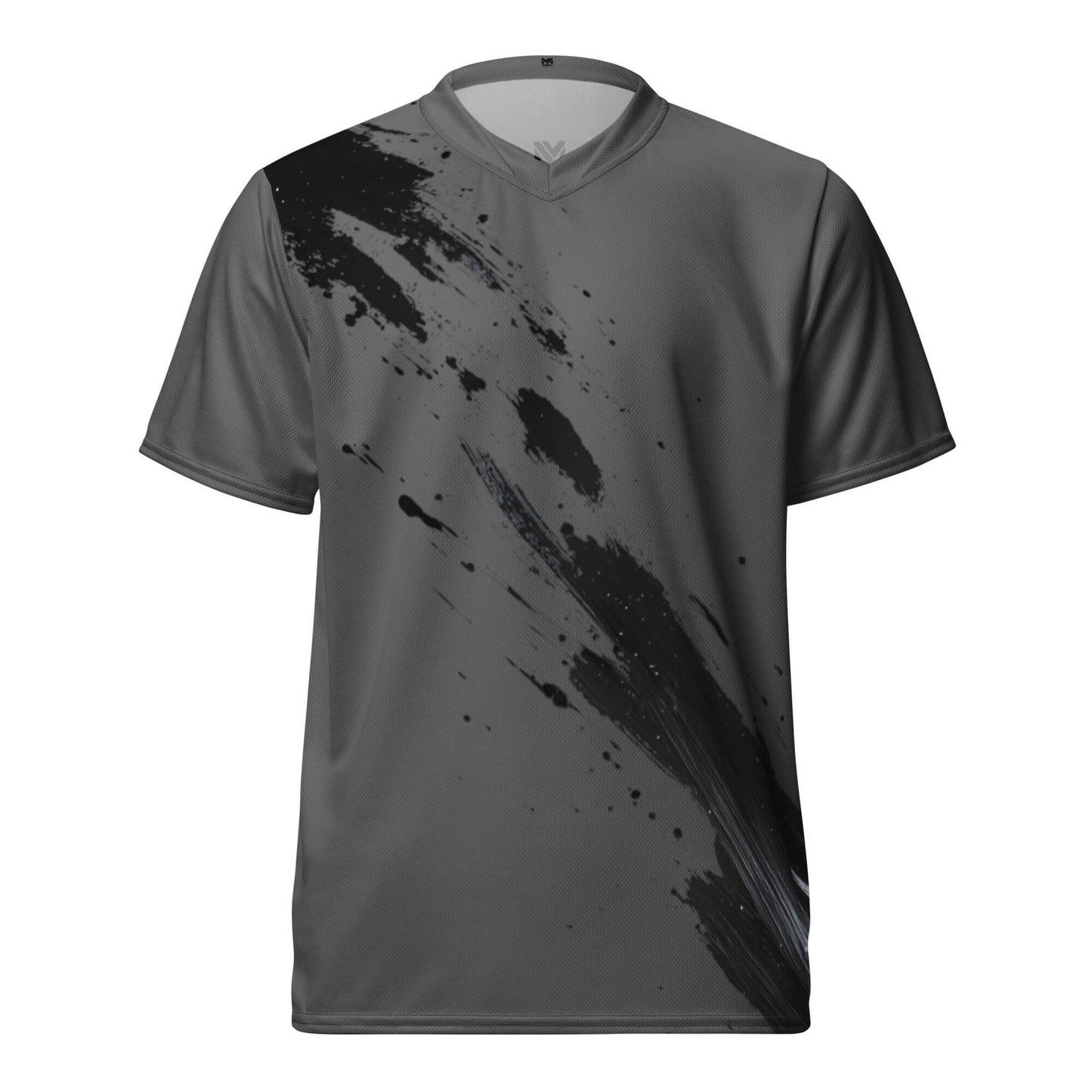 T-shirt sport technique Mindset Ambition “Spine Flow” gris – design noir fluide façon éclaboussures dynamiques sur l’avant, tissu respirant haute performance, col en V, coupe unisexe.