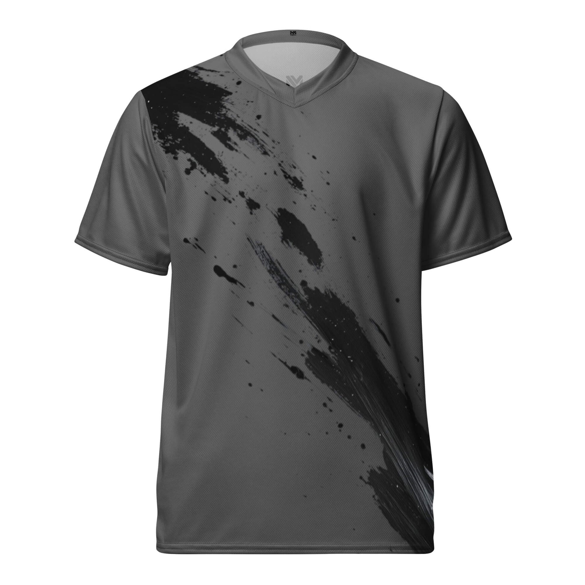 T-shirt sport technique Mindset Ambition “Spine Flow” gris – design noir fluide façon éclaboussures dynamiques sur l’avant, tissu respirant haute performance, col en V, coupe unisexe.