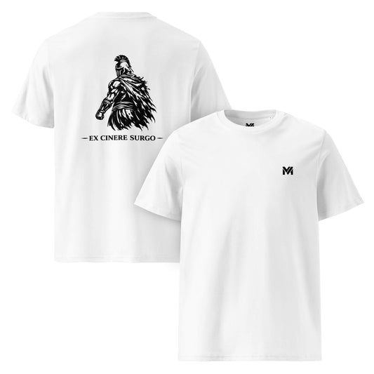 T-shirt Ex Cinere Surgo blanc logo noir face et visuel noir dos Mindset Ambition