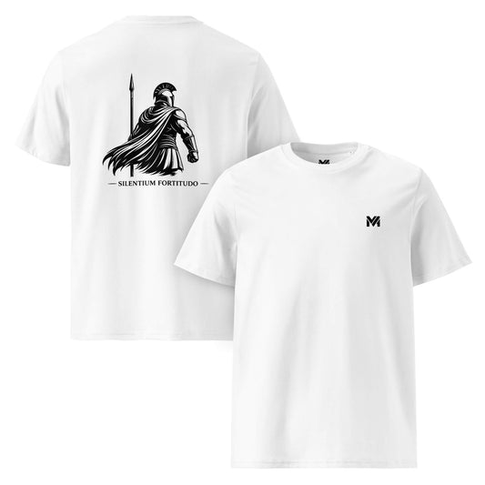 T-shirt Silentium Fortitudo blanc logo noir face et visuel noir dos Mindset Ambition