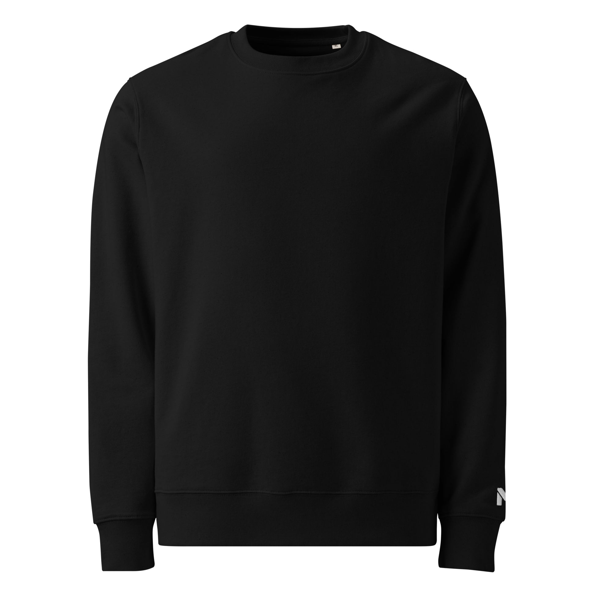 Sweatshirt bio unisexe Mindset Ambition noir – design minimaliste, coupe droite premium, logo blanc brodé sur le poignet gauche, col rond épuré.