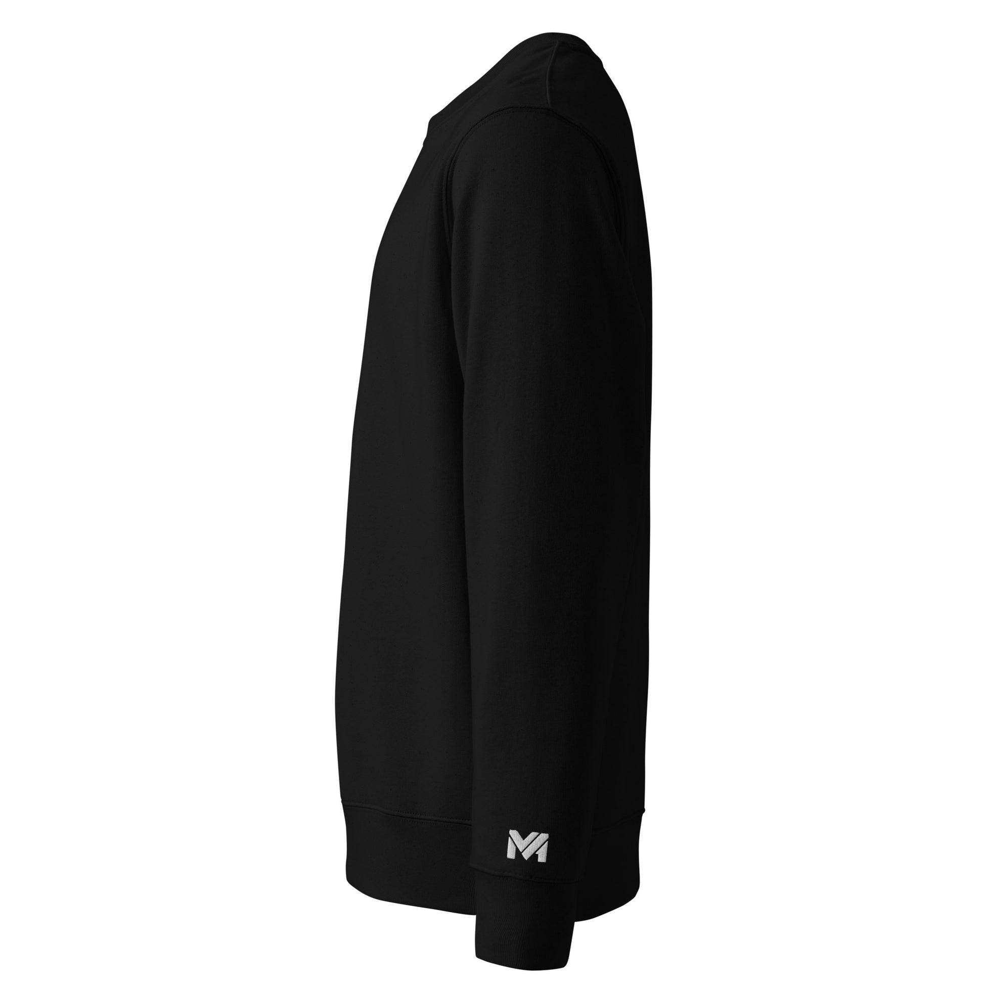 Sweatshirt bio noir Mindset Ambition – vue latérale gauche mettant en avant le logo blanc brodé sur le poignet, coupe droite confortable.