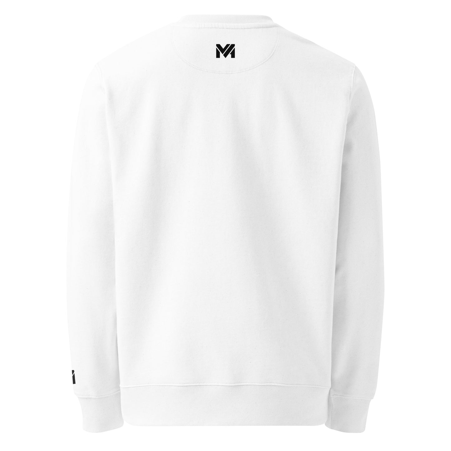 Sweatshirt bio Mindset Ambition blanc – logo noir centré sous le col au dos, coton biologique premium, finition douce et élégante.