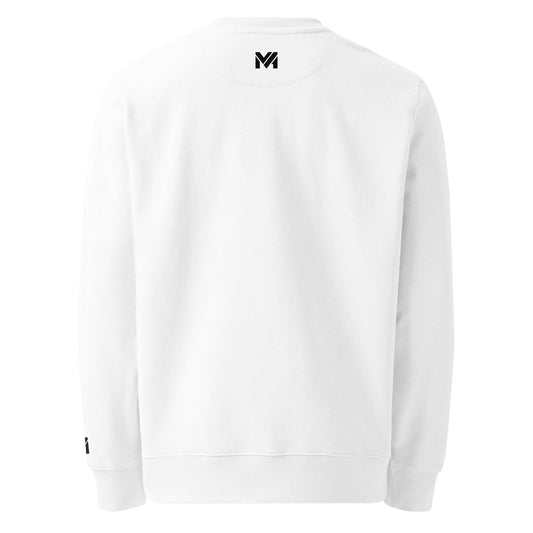 Sweatshirt bio Mindset Ambition blanc – logo noir centré sous le col au dos, coton biologique premium, finition douce et élégante.