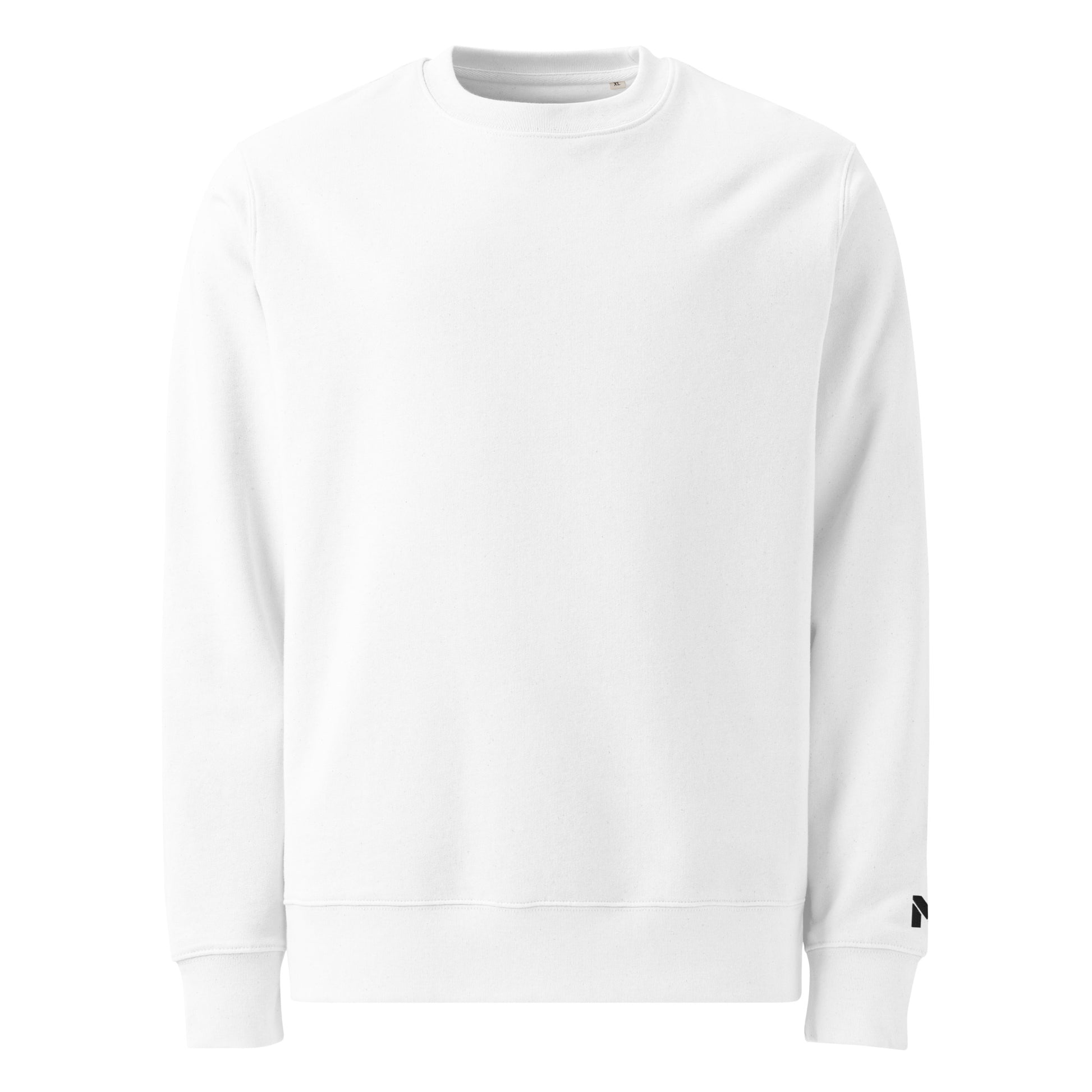 Sweatshirt bio unisexe Mindset Ambition blanc – style épuré, coupe droite, logo noir brodé sur le poignet gauche, col rond classique.