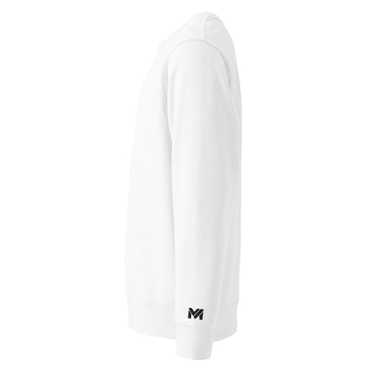 Sweatshirt bio blanc Mindset Ambition – vue latérale gauche mettant en avant le logo noir brodé sur le poignet, design minimaliste.