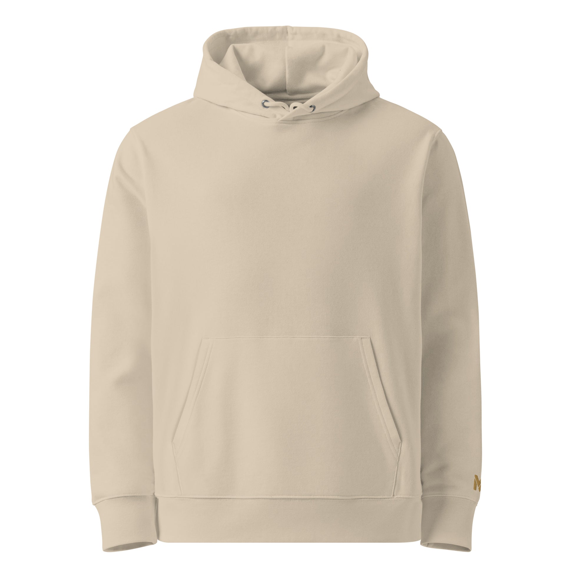 Sweat bio à capuche unisexe Mindset Ambition couleur sable – design minimaliste premium, poche ventrale, logo doré brodé sur le poignet gauche, cordons ton sur ton.