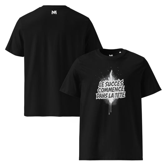 T-shirt bio unisexe Mindset Ambition “LE SUCCÈS COMMENCE DANS LA TÊTE” noir – slogan noir sur fond fluide, design motivant et épuré.
