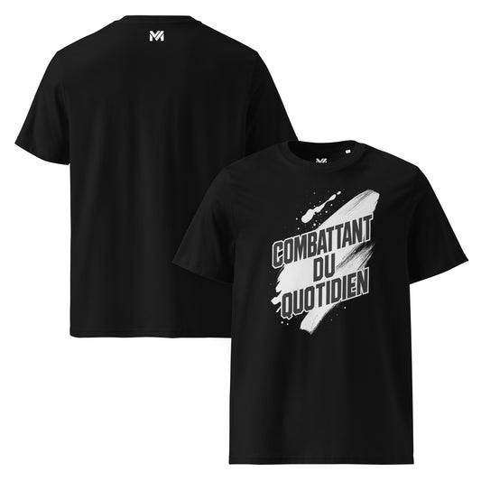 T-shirt bio unisexe Mindset Ambition “COMBATTANT DU QUOTIDIEN” noir – texte noir énergique sur fond contrasté, symbole de persévérance, coton bio premium.