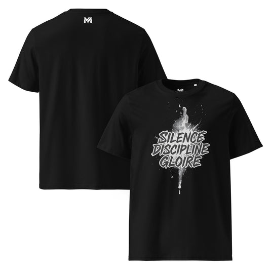 T-shirt bio unisexe Mindset Ambition “SILENCE DISCIPLINE GLOIRE” noir – slogan blanc sur fond contrasté, message de focus et de réussite, coton bio premium.