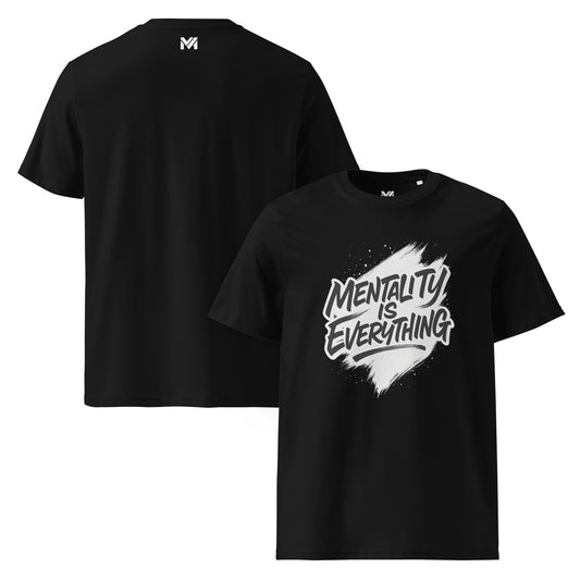 T-shirt bio unisexe Mindset Ambition “MENTALITY IS EVERYTHING” noir – phrase inspirante blanche sur fond contrasté, logo blanc au dos, coton bio premium.