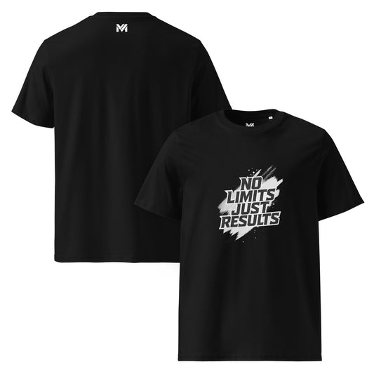T-shirt bio unisexe Mindset Ambition “NO LIMITS. JUST RESULTS.” noir – texte blanc affirmé sur fond artistique, design fort, coton biologique premium.
