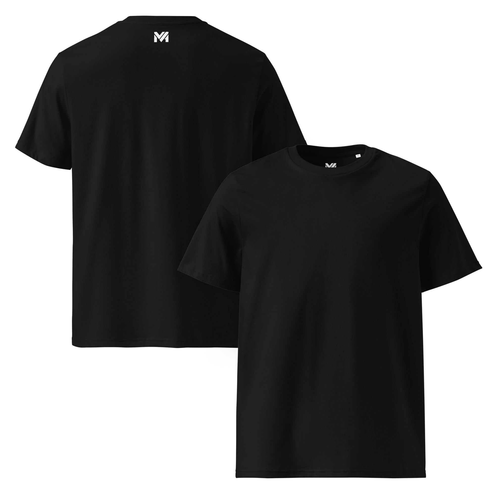 T-shirt bio unisexe Mindset Ambition noir – logo blanc centré sous le col à l’arrière, coupe droite minimaliste en coton biologique premium, design sobre et élégant.