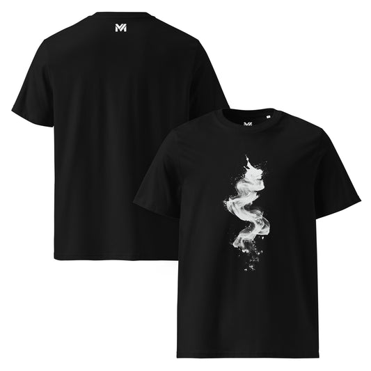 T-shirt bio unisexe Mindset Ambition “Black Whisper” noir – impression artistique en peinture blanche fluide, motif abstrait évoquant la fumée, coton biologique premium, logo minimaliste au dos.