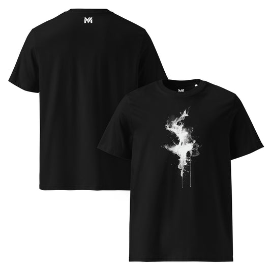 T-shirt bio unisexe Mindset Ambition “Inner Flow” noir – motif artistique en peinture blanche fluide, design abstrait inspiré du flux intérieur et de la maîtrise de soi, coton biologique premium, logo minimaliste au dos.