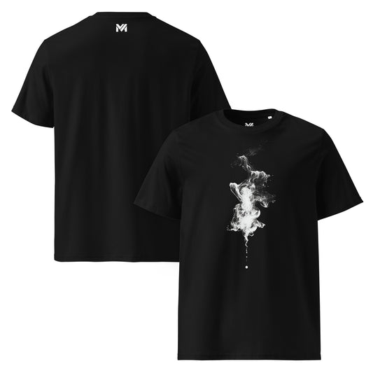T-shirt bio unisexe Mindset Ambition “Shadow Mist” noir – design artistique en peinture blanche fluide, effet de brume légère et contrastée, coton biologique premium, logo minimaliste au dos.