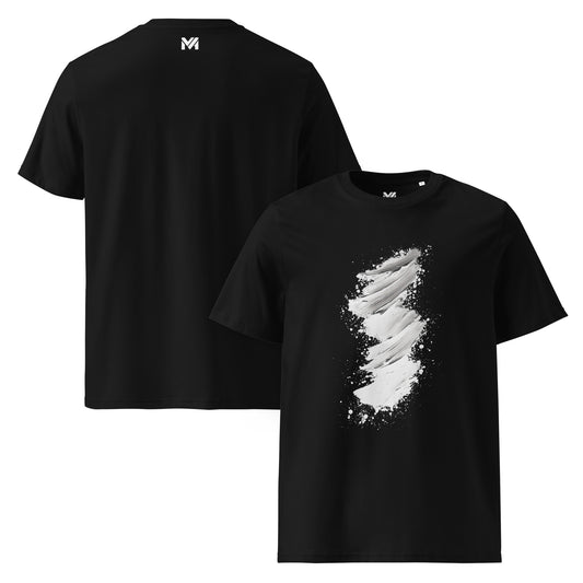 T-shirt bio unisexe Mindset Ambition “Black Drift” noir – motif artistique en peinture blanche fluide, effet de dérive visuelle symbolisant le mouvement intérieur, coton biologique premium, logo minimaliste au dos.