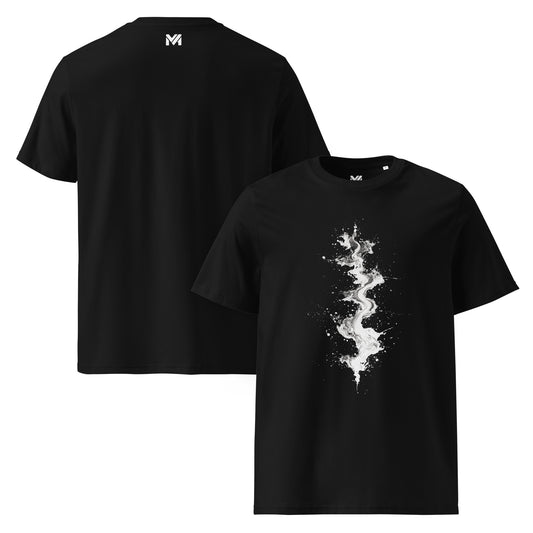 T-shirt bio unisexe Mindset Ambition “Sumi Flow” noir – motif artistique inspiré de l’art sumi-e, peinture blanche fluide et contrastée, symbolisant la pureté et la maîtrise, coton biologique premium, logo minimaliste au dos.