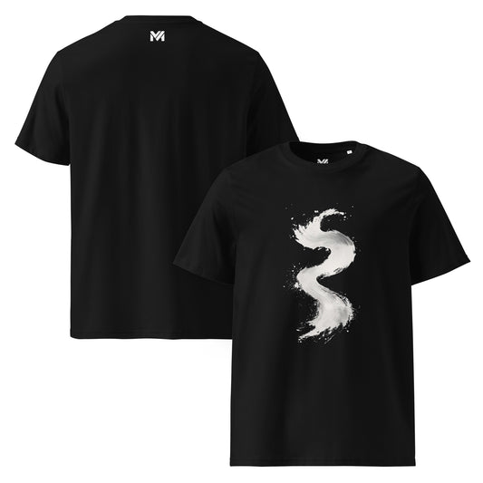 T-shirt bio Silent Rise noir Mindset Ambition, motif peinture blanche fluide en forme de vague verticale sur le torse, logo MA blanc au dos sous la nuque