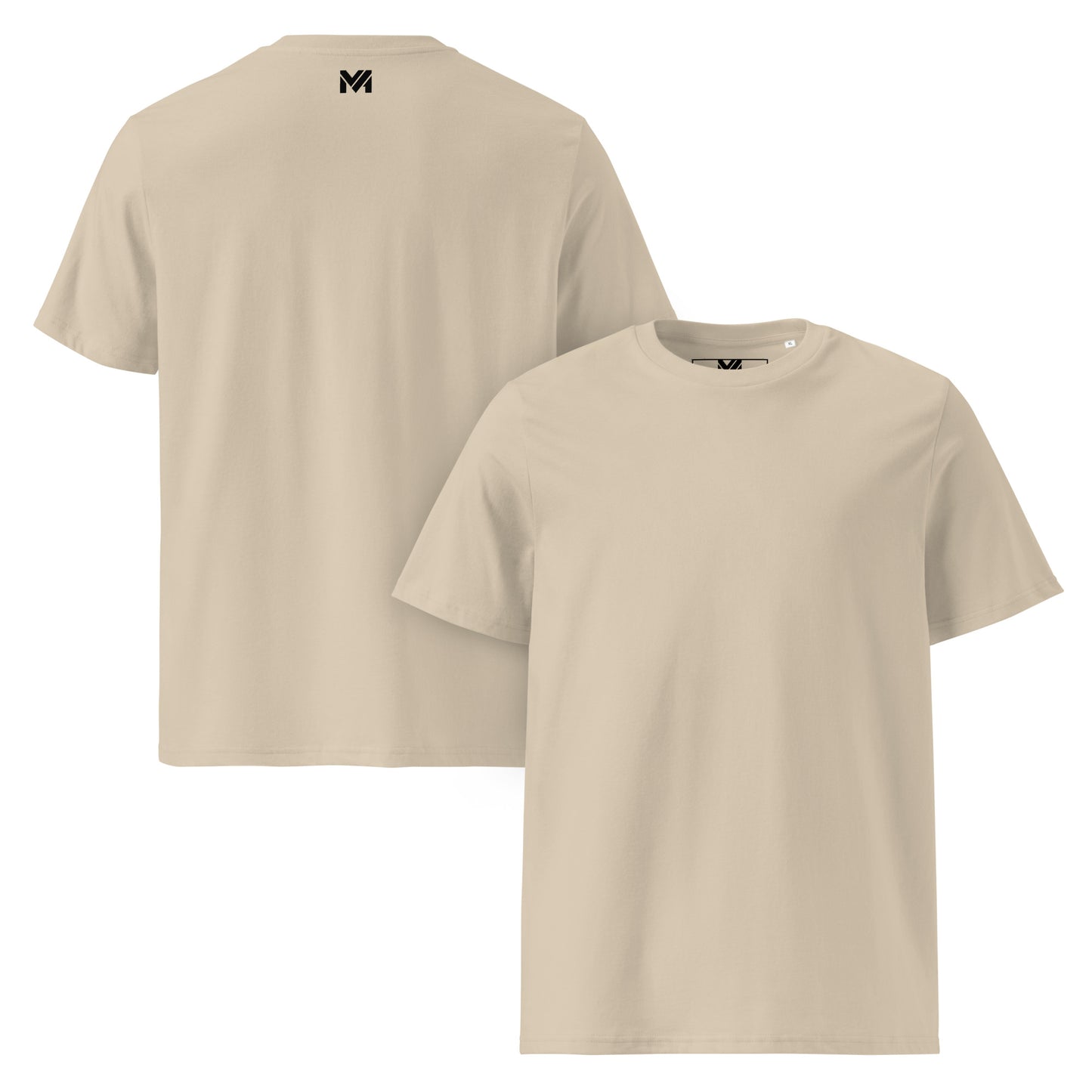 T-shirt bio unisexe Mindset Ambition “Sable” – coupe droite minimaliste, coton biologique premium, coloris sable doux, logo MA noir centré sous le col au dos, vue avant et arrière sur la même image.