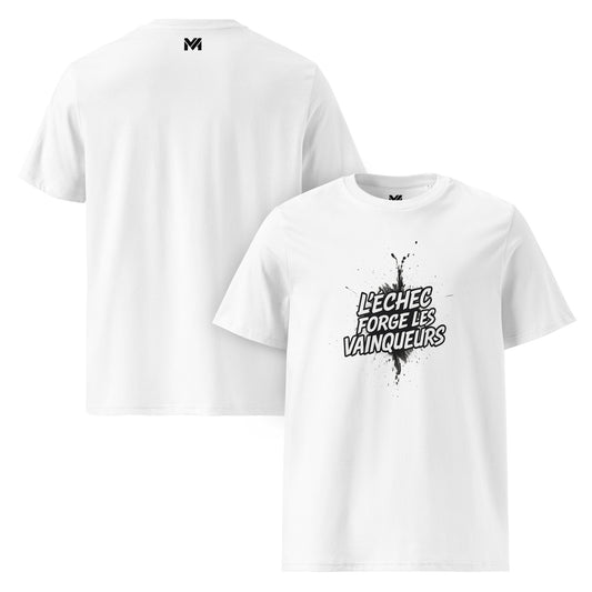 	T-shirt bio unisexe Mindset Ambition “L’ÉCHEC FORGE LES VAINQUEURS” blanc – slogan blanc percutant sur fond artistique, design fort et motivant.