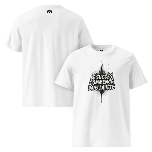 T-shirt bio unisexe Mindset Ambition “LE SUCCÈS COMMENCE DANS LA TÊTE” blanc – slogan blanc sur fond fluide, design motivant et épuré.