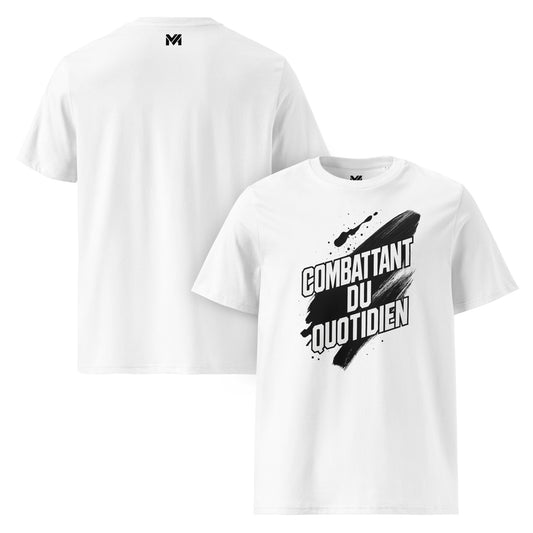 T-shirt bio unisexe Mindset Ambition “COMBATTANT DU QUOTIDIEN” blanc – texte blanc énergique sur fond contrasté, symbole de persévérance, coton bio premium.