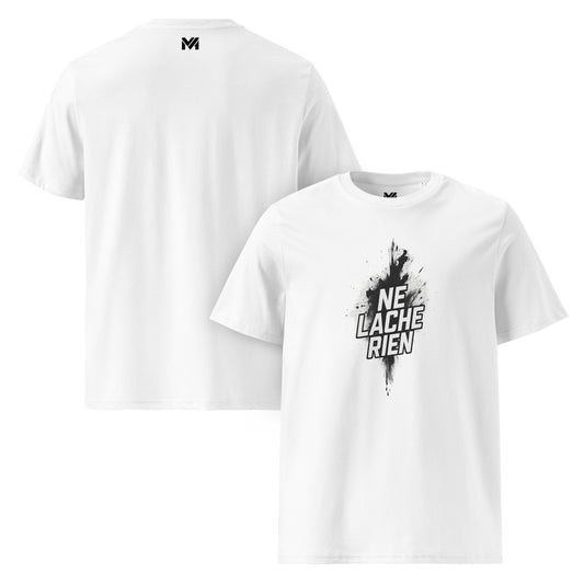 T-shirt bio unisexe Mindset Ambition “NE LÂCHE RIEN” blanc – slogan blanc sur fond fluide, design inspirant et minimaliste, coton bio premium.