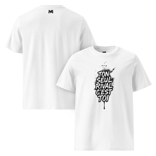 T-shirt bio unisexe Mindset Ambition “TON SEUL RIVAL, C’EST TOI.” blanc – citation blanche sur fond artistique, esprit de compétition et de dépassement.