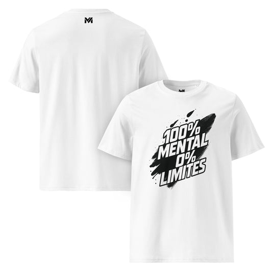 T-shirt bio unisexe Mindset Ambition “100% MENTAL 0% LIMITES” blanc – slogan fort noir sur fond de peinture expressive, design affirmé et inspirant, coton biologique premium.